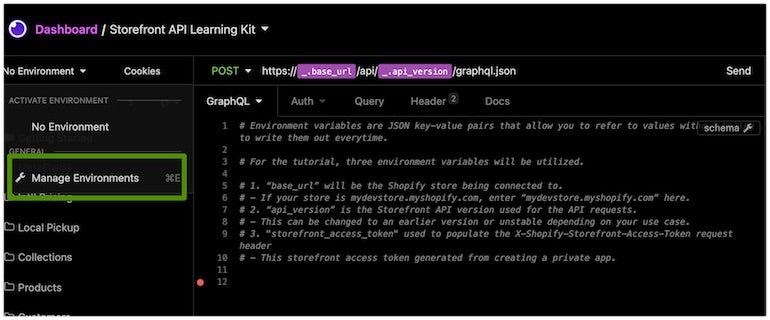 Storefront API learning kit: screenshot of Insomnia displaying an option to manage the environment variables on the left hand site, that is indicated by a green box