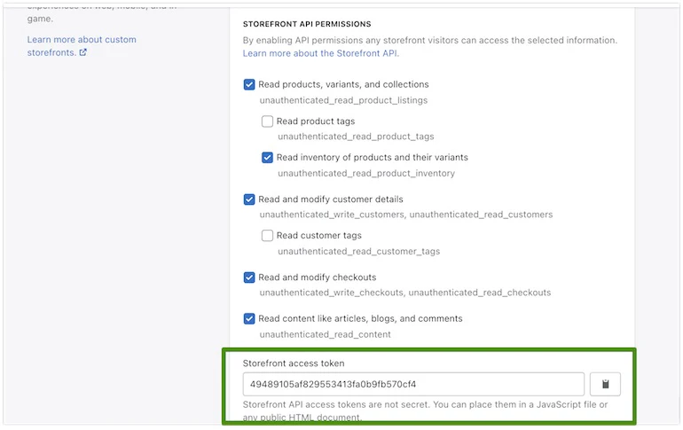 Storefront API learning kit: screenshot of the Storefront API Permissions page with green box surrounding the access token sequence