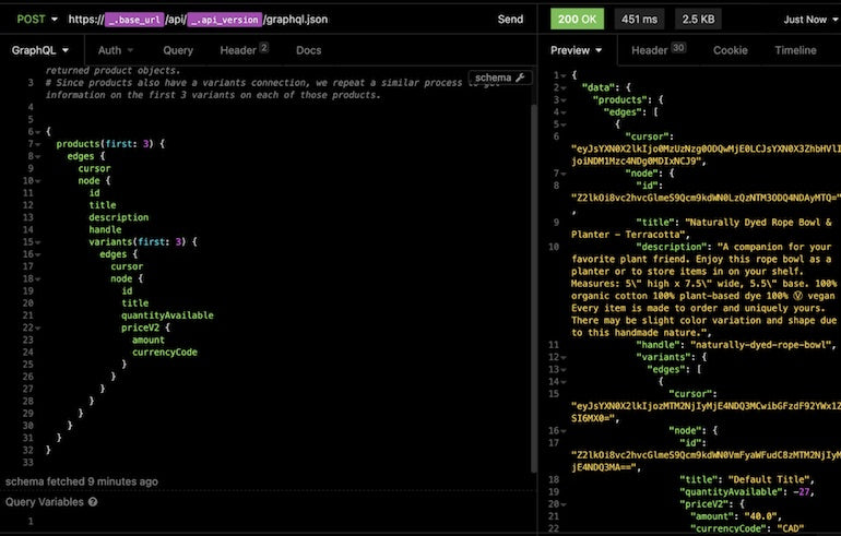 Storefront API learning kit: screenshot of Insomnia displaying the outcome of retrieving 3 products and variables in lines of code. The left hand side is the request, the right hand side the outcome