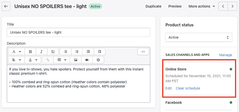 Screenshot of the publishing schedule configuration blade for a t-shirt in the merchant admin dashboard, which is highlighted in a red box.