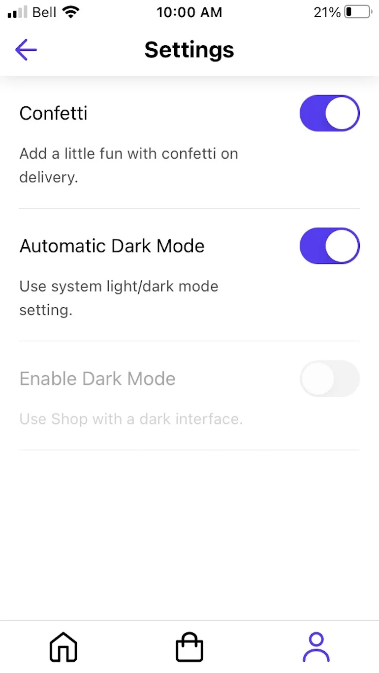 Technical documentation: Screenshot of the settings in the Shop app shows short explanations of the Confetti, Automatic Dark Mode, and Enable Dark Mode settings, which minimizes the need for technical documentation.