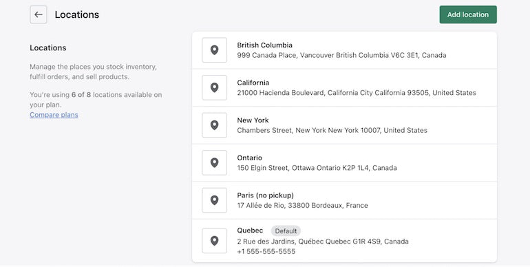 Screenshot of the shopify admin displaying the various locations where product can be picked up