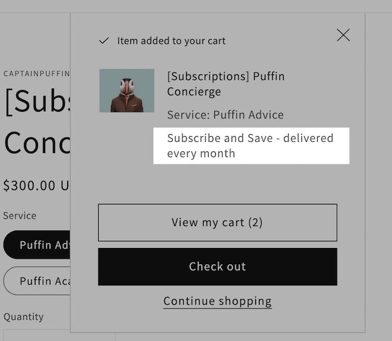 Screenshot of a cart before checkout with the subscribe and save option highlighted