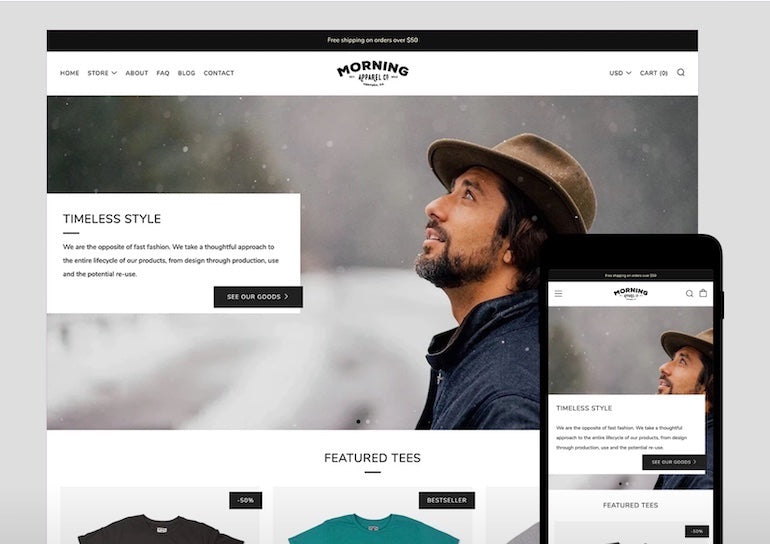 Theme partner business: Safe as Milk's venue theme displayed on both a web browser and a mobile phone. The theme is a clean, modern style with black and white accents and buttons. The main image on the main page depicts a man in a brim hat looking toward the sky backdropped by a wintery scene.