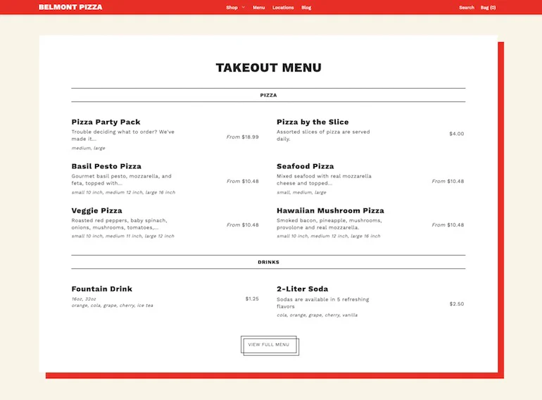 Screenshot of an image taken from the Foodie theme displaying a red bordered cream colored  menu with a selection of pizzas and drinks