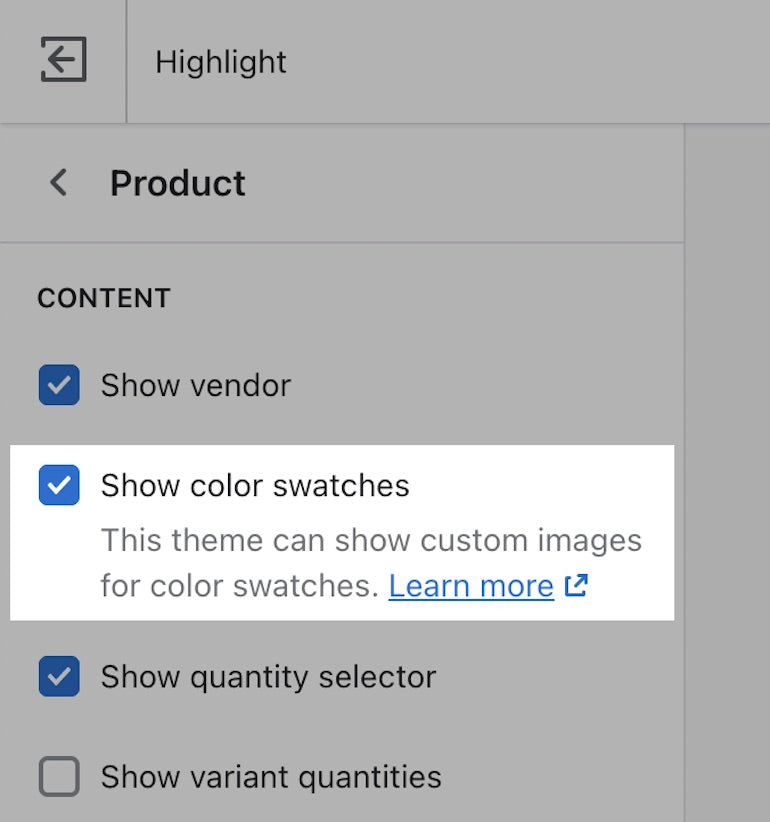 A screenshot of the backend of the highlight theme displaying a "Show color swatches" option with a checked box to the left, as a series of selections from a menu