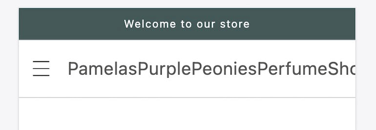 Screenshot taken of a overflowing store name. The names reads "Pamela's Purple Peonies Perfume Shop" 