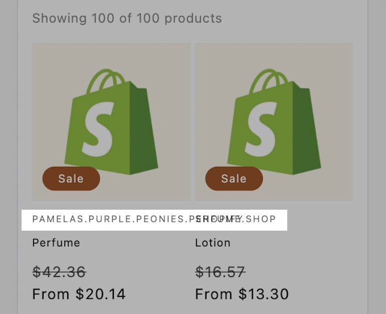 Screenshot of a faded out product page displaying the Shopify logo as the "products." Highlighted on the screen is the overflowing vendors name "Pamelas Purple Peonies Perfume Shop"