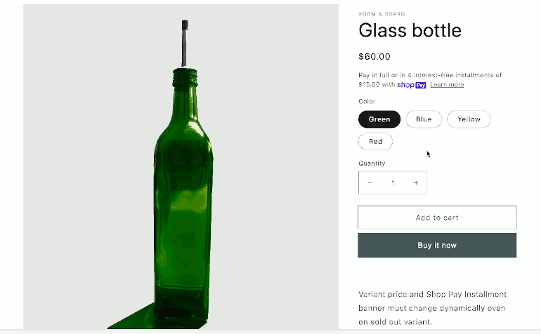 Gif of a products page with the color option for a glass dripper bottle changing. It displays the bottle in its red, green or blue options. 