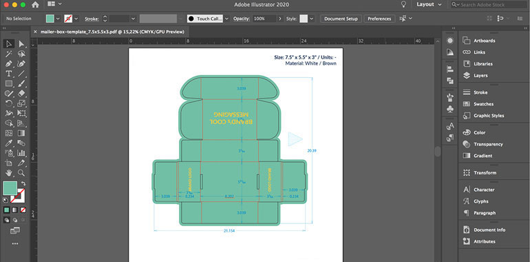 unboxing: box design rough draft displayed in the adobe program