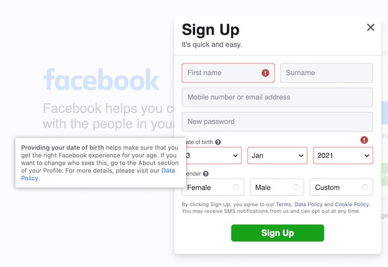 usability heuristics: facebook sign-up with help bars