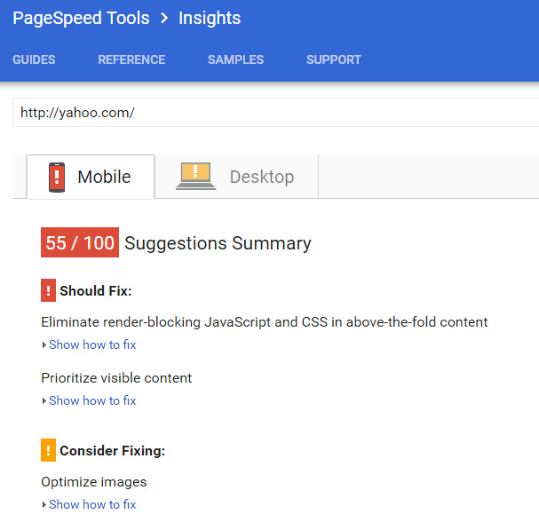 Usability metrics: PageSpeed insights
