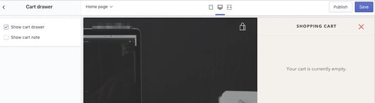 User test app: Screenshot of the cart drawer settings in the Theme Editor showing that the cart is currently empty.