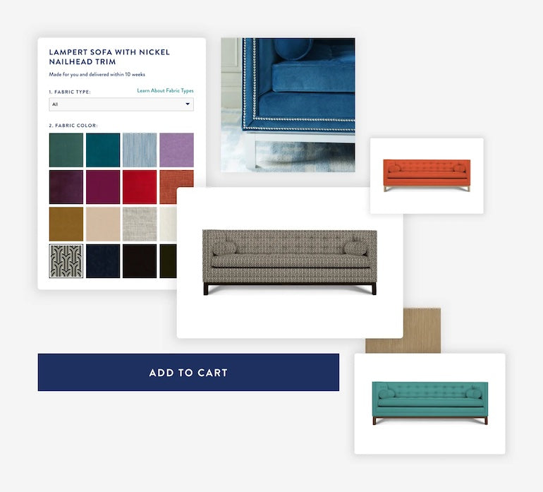 image of a product card screenshot (a couch) and then various examples of color schemes of that product