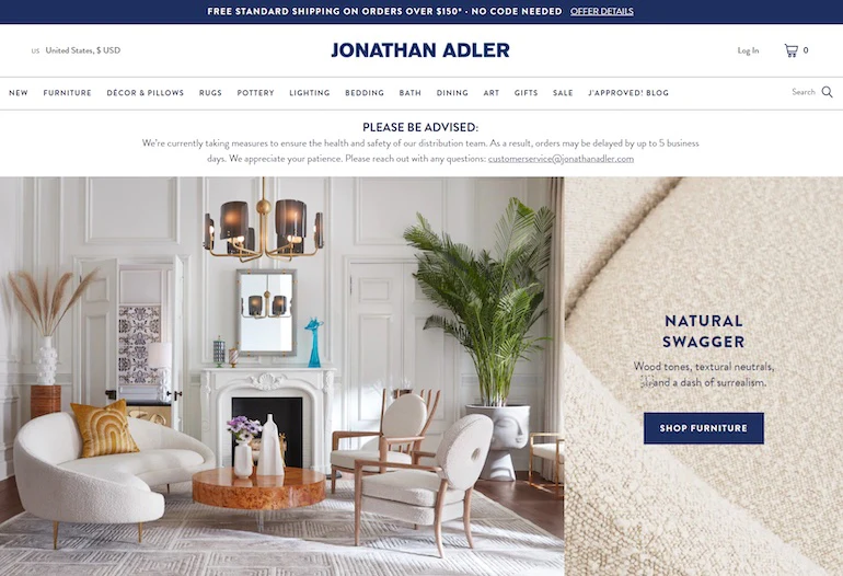 Screenshot of the Jonathan Adler homepage