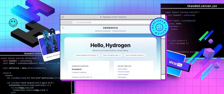 A screenshot of a browser window saying "Hello Hydrogen," backdropped by blue, black and purple splotches and figures