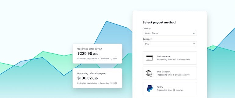 A screengrab of the payout methods that merchants can now select with "add payout," "wire transfer," and paypal options. The background is characterized by line graphs