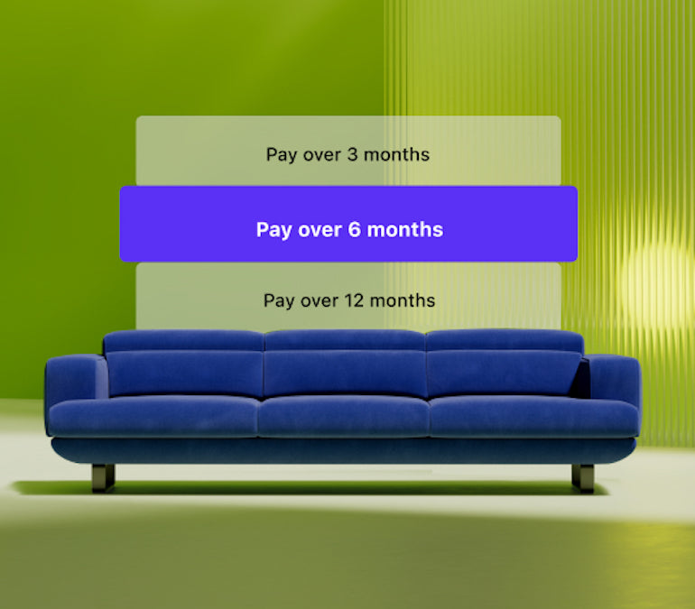 image of a couch with the Shop pay instalments options above, overlaying a green backdrop