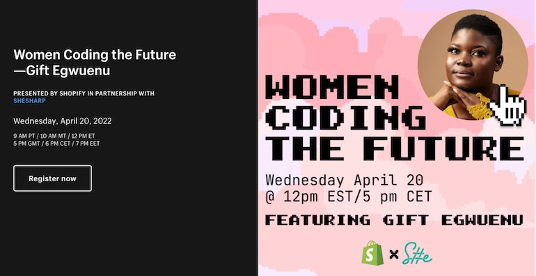 Digital advertisement for women coding the future with date, speaker and time details