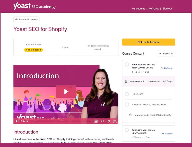 Screenshot of the homepage of the Yoast SEO academy