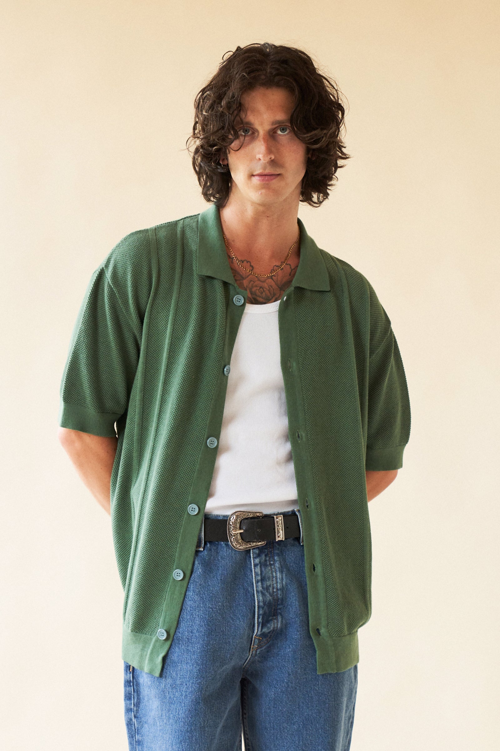 Image of STANLEY WAFFLE KNIT POLO - HUNTER GREEN