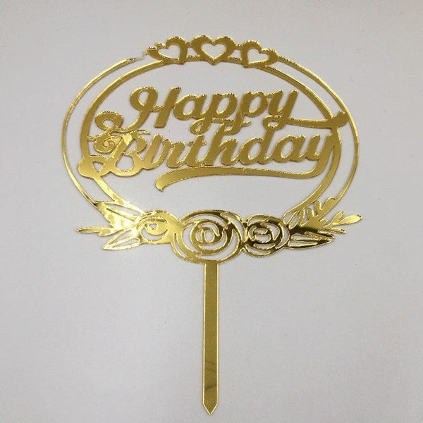 Cake Topper Acrylic Golden HBD Topper 3 Heart Roses – Basics.pk