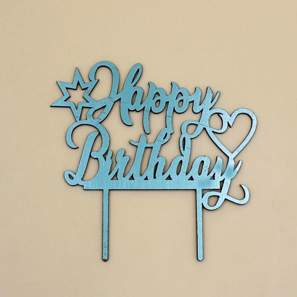 Cake Topper Acrylic  Happy Birthday with Star and Heart - Blue - Basics.Pk