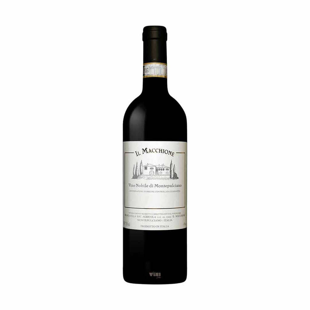A bottle of 2017 Il Macchione Vino Nobile di Montepulciano DOCG on a white background. Red wine from Italy.