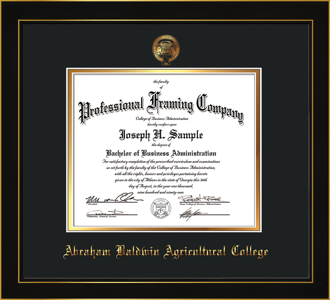 Abraham Baldwin Agricultural College Diploma Frame - Honors Black Satin - w/Embossed ABAC Seal & Name - Black on Gold mat