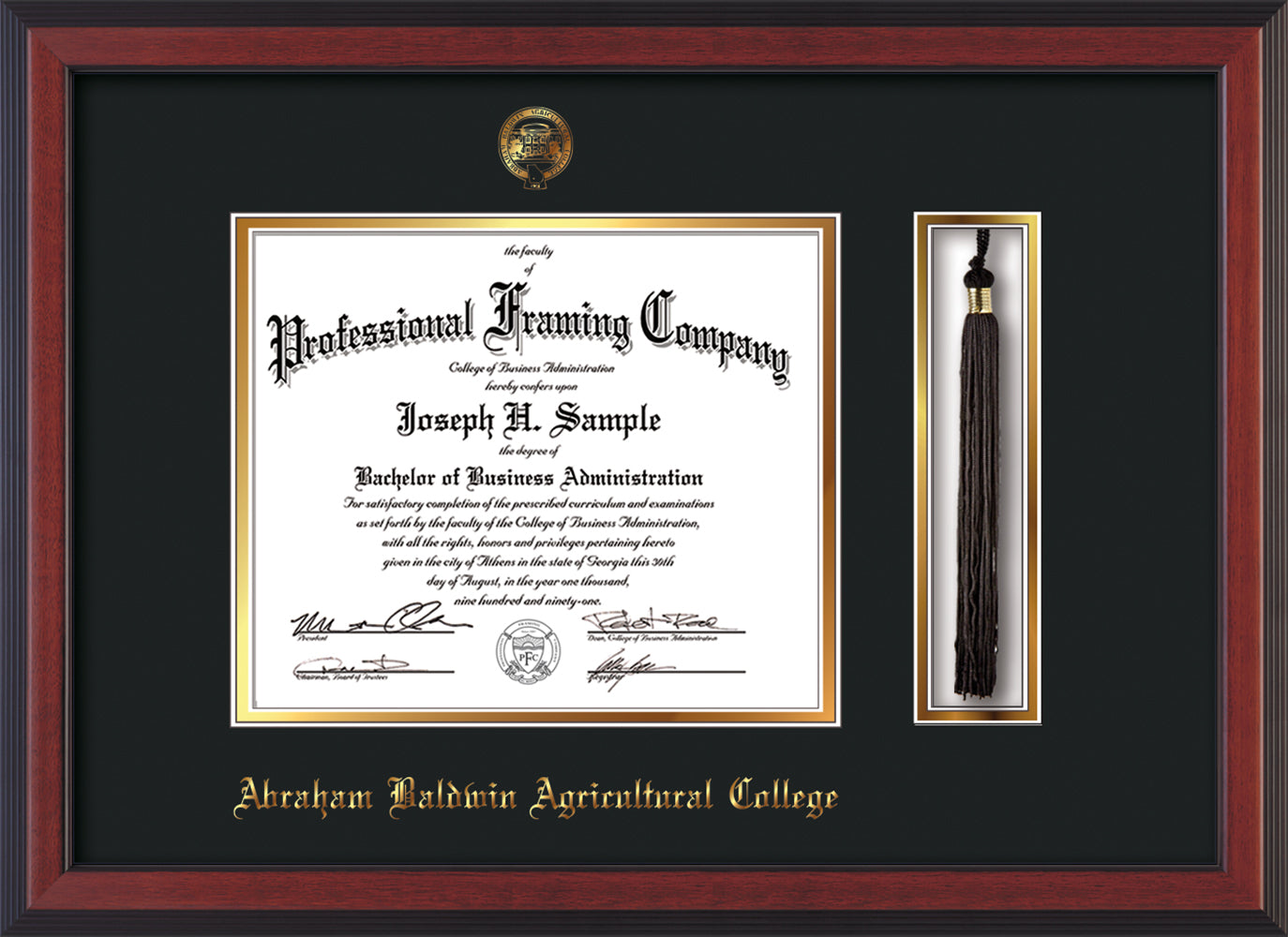 Abraham Baldwin Agricultural College Diploma Frame - Cherry Reverse - w/Embossed ABAC Seal & Name - Tassel Holder - Black on Gold mat