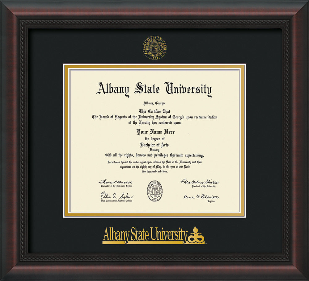 Albany State University Diploma Frame Mahogany Braid W Embossed Albany Seal Name Black On Gold Mat