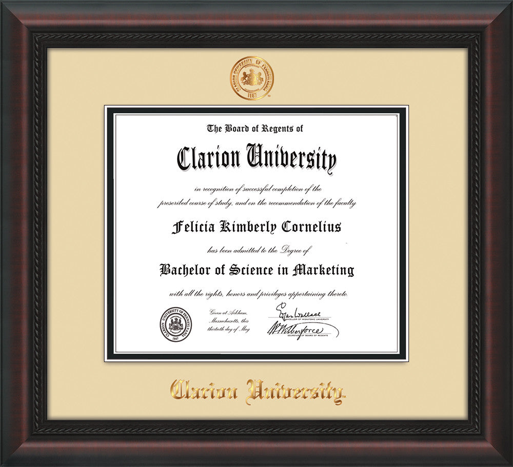 Clarion University of Pennsylvania Diploma Frame - Mahogany Braid - w/Embossed Seal & Name - Cream on Black mat