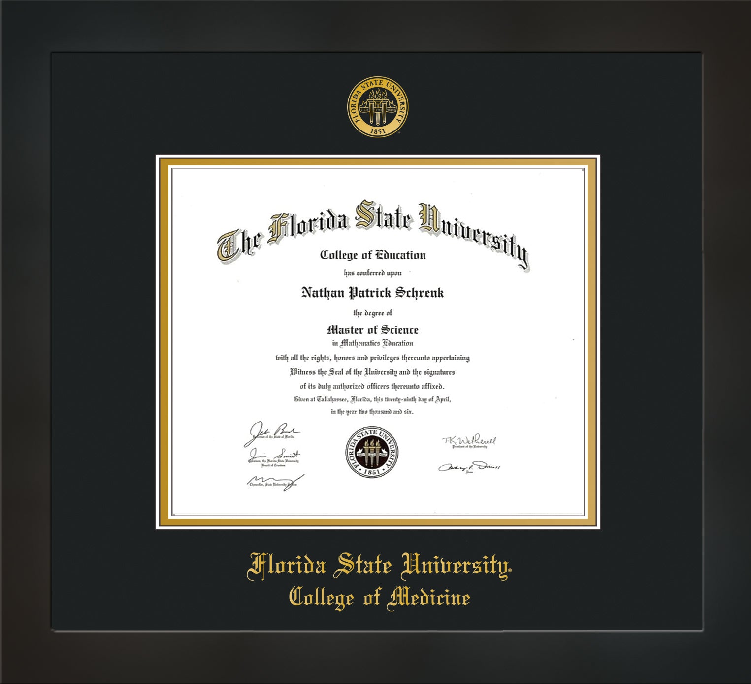 Florida State University Diploma Frame Flat Matte Black Wembossed Fsu Seal College Of Medicine Name Black On Gold Mats - 