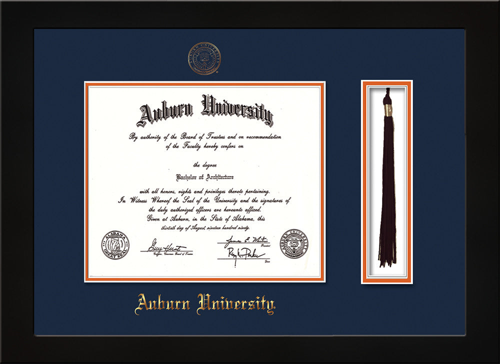 Auburn University Diploma Frame - Flat Matte Black - w/Embossed Seal & Name - Tassel Holder - Navy on Orange mat