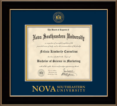 Image of Nova Southeastern University Diploma Frame - Black Lacquer - w/Embossed NSU Seal & Wordmark - Navy on Gold mat