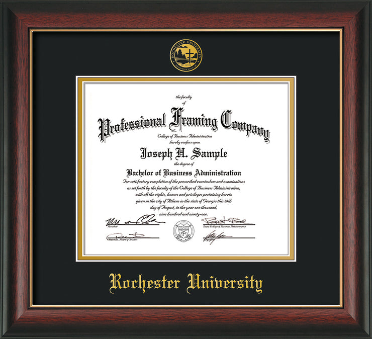 Image of Rochester University Diploma Frame - Rosewood with Gold Lip - w/Embossed Rochester Seal and Name - Black on Gold mat