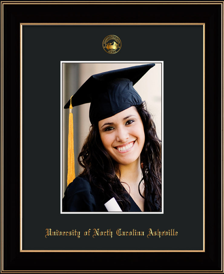 Image of University of North Carolina Asheville 5 x 7 Photo Frame - Black Lacquer - w/Official Embossing of UNCA Seal & Name - Single Black mat