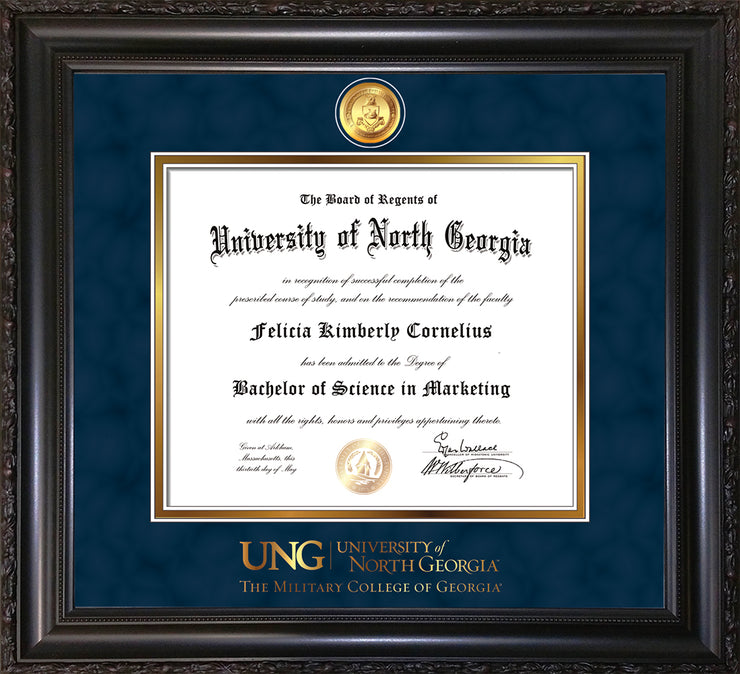 Image of University of North Georgia Diploma Frame - Vintage Black Scoop - w/24k Gold-Plated Military Medallion & Military Wordmark Embossing - Navy Suede on Gold mats