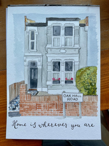 Home is wherever you are watercolour house painting commission with hand lettered modern calligraphy