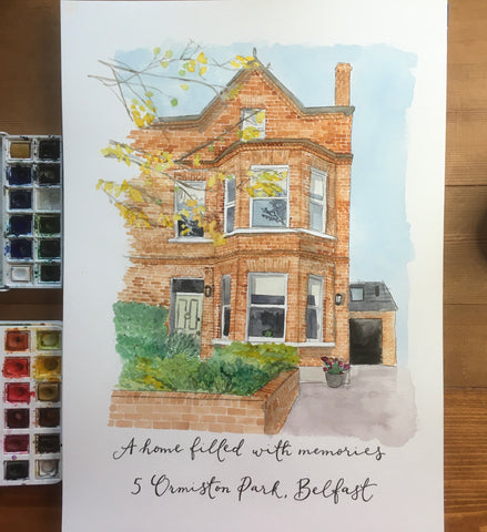 Watercolour house portrait of a Belfast home painted to remember a house filled with memories