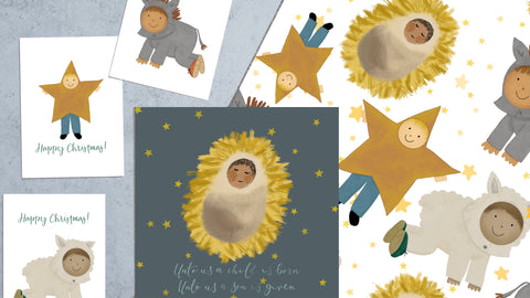 Matching Christian gift wrap and Christmas cards with nativity play cute illustrations