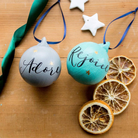 Adore and rejoice Christian hand lettered ceramic Christmas baubles