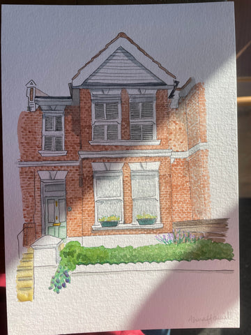 Watercolour house commission of house of bricks in the sunshine