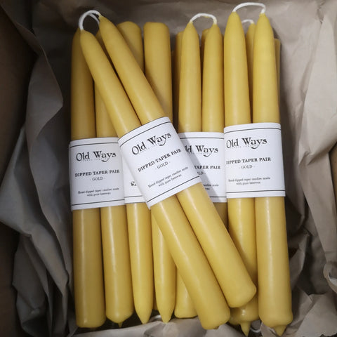 Beeswax hand dipped taper candles.