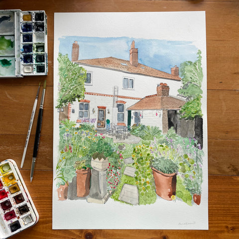 Back garden and house watercolour painting for custom commission