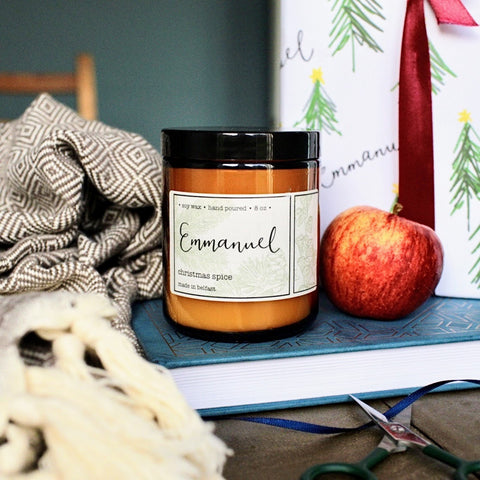Emmanuel Christmas spice soy wax scented candle in an amber glass jar hand poured in Belfast