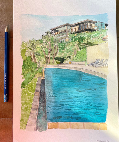 Watercolour painting of an exotic home complete with pool and palms with a high up apartment complex