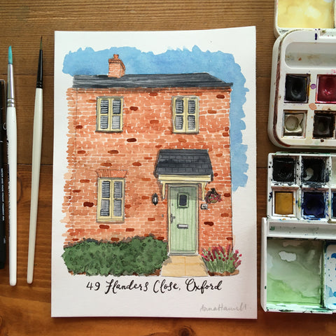 Watercolour house portrait in Oxford, England. Red brick house painted commission.