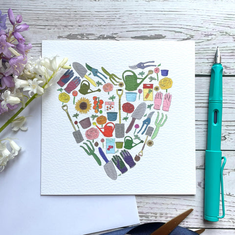 Gardening heart greetings card perfect for Mother’s Day for a mum who loves gardening