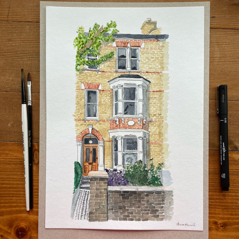 London flat watercolour house painting with sandstone coloured bricks and gorgeous tiles leading to the front door.